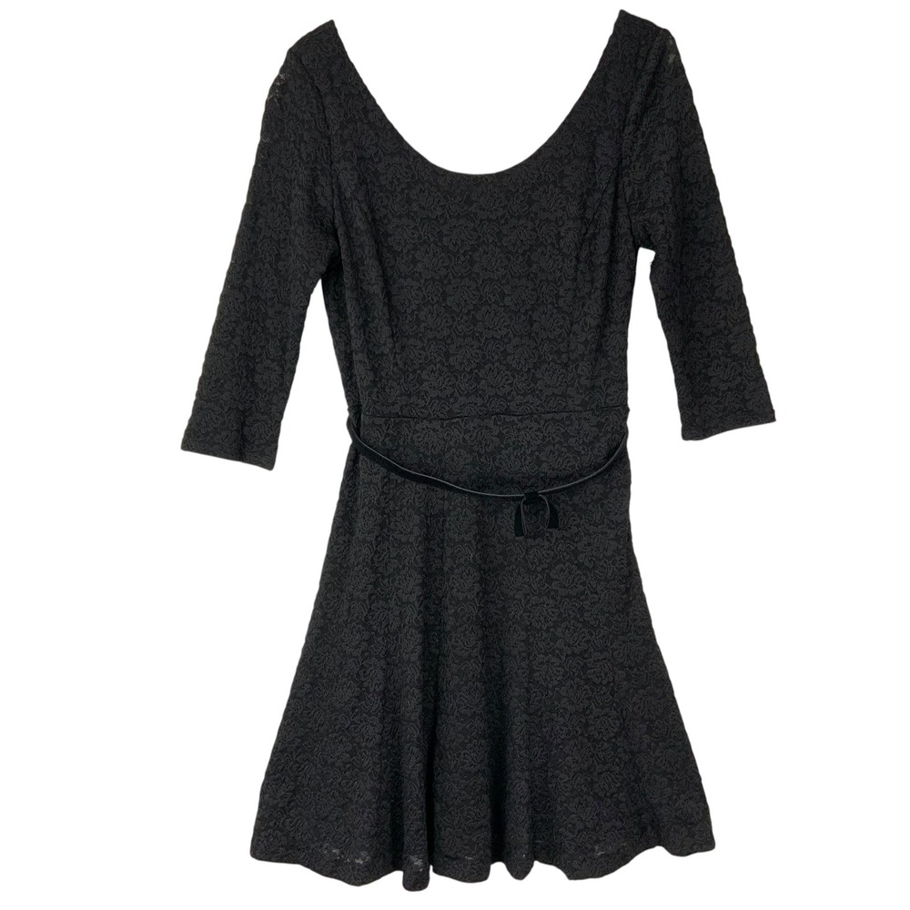 White House Black Market Black Lace Fit Flare 8 Pullover Scoop 3/4 Sleeve Belted